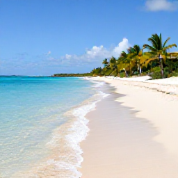 Caribbean Holidays, February Hotspots, A wide-angle photograph of Grace Bay Beach in Providenciales, Turks and Caicos, with clear turquoise water, white sand and a few palm trees under bright February sunshine