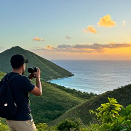 Caribbean Holidays, February Hotspots, Caribbean viewpoint overlooking lush green hills, deep blue sea and a sunset sky, with a travel photographer taking a picture