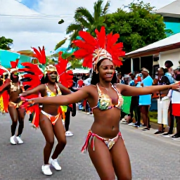 Caribbean Holidays, February Hotspots, Lively Caribbean carnival celebration in February with colourful costumes, dancers, music and smiling crowds in a town street