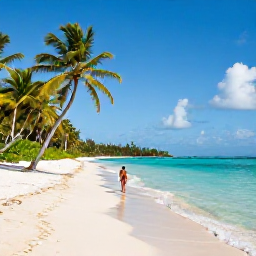 Caribbean Holidays, February Hotspots, Secluded Caribbean beach with white sand, clear turquoise water, leaning palm trees and a person walking along the shoreline