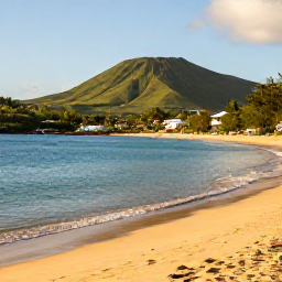 Caribbean Holidays, February in Montserrat, A quiet golden beach in Montserrat with calm turquoise water, green volcanic hills and a few discreet adults-only resort details, photographed in warm February sunshine