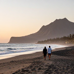 Caribbean Holidays, February in Montserrat, Couple walking along a quiet Montserrat beach at sunset, volcanic coastline and soft February light in the background