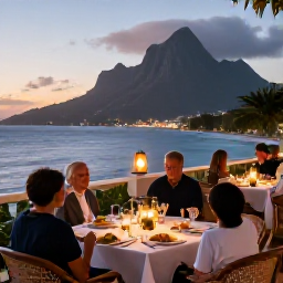 Caribbean Holidays, February in Montserrat, Elegant adults-only dinner on a Montserrat terrace overlooking the sea at dusk, Caribbean dishes, soft lantern light and relaxed atmosphere