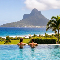 Caribbean Holidays, February in Montserrat, Relaxed adults-only holiday scene in Montserrat with a couple by an infinity pool, tropical gardens and blue Caribbean sea beyond