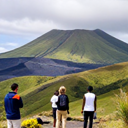 Caribbean Holidays, February in Montserrat, Visitors exploring the volcanic landscape around Soufri&egrave;re Hills in Montserrat, green slopes, distant ash-covered areas and a knowledgeable local guide