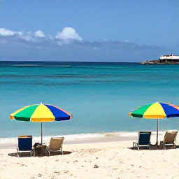 Caribbean Holidays, February Instagram Hotspots, Bright turquoise Caribbean water, white sand and colourful beach umbrellas at Maho Beach in Sint Maarten, sunny February travel photography
