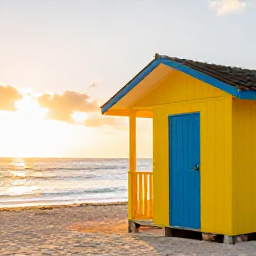 Caribbean Holidays, February Instagram Hotspots, Brightly coloured Dominican Republic beach shack beside a calm Caribbean beach at sunset, with warm light and a relaxed holiday atmosphere