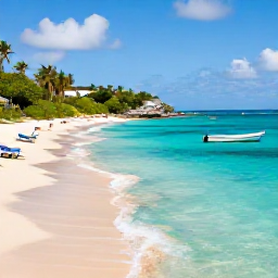 Caribbean Holidays, February Instagram Hotspots, Clear shallow turquoise water and pale sand at Pinel Island near Saint Martin, with small boats, beach loungers and green coastal scenery