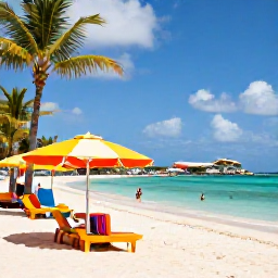 Caribbean Holidays, February Instagram Hotspots, Colourful beach bars and umbrellas along a calm Caribbean beach in Simpson Bay, Saint Martin, with palm trees, clear water and people enjoying a relaxed afternoon