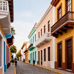 Caribbean Holidays, February Instagram Hotspots, Colourful colonial street in Santo Domingo's Zona Colonial with pastel buildings, balconies, cobbled pavement and pedestrians in warm February sunlight