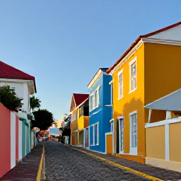 Caribbean Holidays, February Instagram Hotspots, Colourful historic buildings and cobbled streets in Charlotte Amalie, St Thomas, United States Virgin Islands, photographed in warm morning light