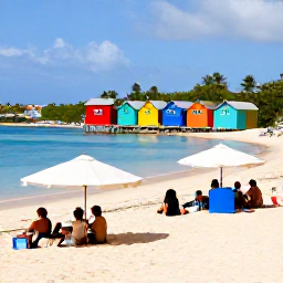 Caribbean Holidays, February Instagram Hotspots, Colourful wooden beach huts and umbrellas along Orient Bay, calm Caribbean water and visitors enjoying a sunny February afternoon