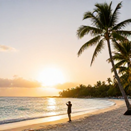 Caribbean Holidays, February Instagram Hotspots, Golden sunrise over a palm-fringed Dominican Republic beach in February, with calm turquoise water and a lone traveller taking a photograph