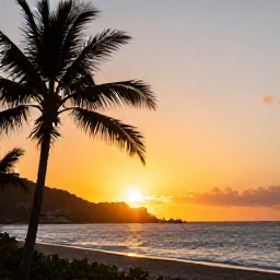 Caribbean Holidays, February Instagram Hotspots, Golden sunset over the Caribbean Sea from a beach on Saint Martin, with silhouetted palm trees, gentle waves and warm evening colours