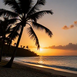 Caribbean Holidays, February Instagram Hotspots, Golden sunset over the Caribbean Sea from a quiet island beach in Saint Vincent and the Grenadines, silhouetted palms and gentle waves