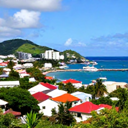 Caribbean Holidays, February Instagram Hotspots, Panoramic viewpoint over Marigot, Saint Martin, with colourful rooftops, a busy harbour, green hills and a brilliant blue Caribbean sky