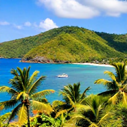 Caribbean Holidays, February Instagram Hotspots, Scenic viewpoint over the lush green hills and blue bay of Saman&aacute; in the Dominican Republic, with coconut palms and a small boat below