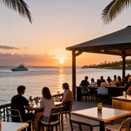 Caribbean Holidays, February Instagram Hotspots, Sunset over the Caribbean from a stylish waterfront restaurant in Simpson Bay, glowing sky, boats and relaxed diners in February