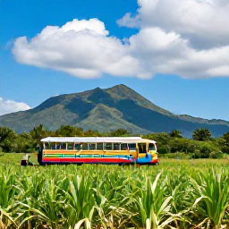 Caribbean Holidays, February Instagram Spots, Colourful local train carriage travelling through green sugar cane fields on Saint Kitts, with mountains and blue sky in the background