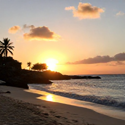 Caribbean Holidays, February Instagram Spots, Golden February sunset at Shell Beach in Saint Barth&eacute;lemy, smooth sand, rocky shoreline, gentle waves and people watching the sun over the sea