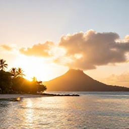Caribbean Holidays, February Instagram Spots, Golden sunrise over Cockleshell Bay on Saint Kitts, with calm turquoise water, palm trees and Nevis mountain in the distance