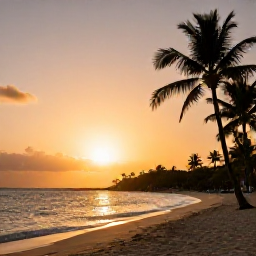 Caribbean Holidays, February Instagram Spots, Quiet Caribbean beach at sunset on Saint Kitts, with silhouetted palm trees and warm orange sky