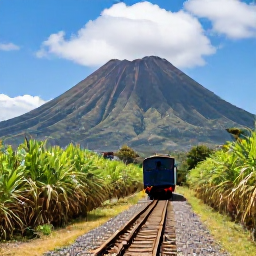 Caribbean Holidays, February Instagram Spots, Scenic railway journey through green sugar cane fields on Saint Kitts, with volcanic mountains and blue sky