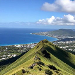 Caribbean Holidays, February Instagram Spots, View from the summit of Nevis Peak looking over green slopes, coastline and the Caribbean Sea in February sunshine