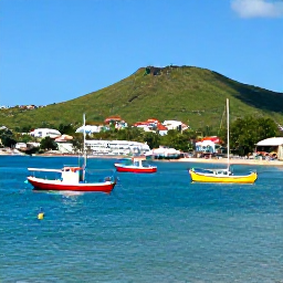 Caribbean Holidays, February Island Hopping, A sunny Caribbean harbour in Saint Kitts with colourful boats, green volcanic hills and a clear blue sky