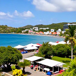 Caribbean Holidays, February Island Hopping, Colourful Kingstown waterfront in Saint Vincent with market stalls, tropical greenery and a view towards the harbour