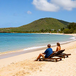 Caribbean Holidays, February Island Hopping, Couple relaxing on a golden Caribbean beach in February, with calm turquoise water, sun loungers and green hills beyond