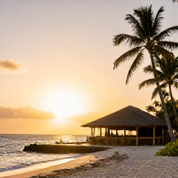Caribbean Holidays, February Island Hopping, Relaxed Caribbean beach at sunset with palm trees, warm golden light and a small open-air restaurant near the shore
