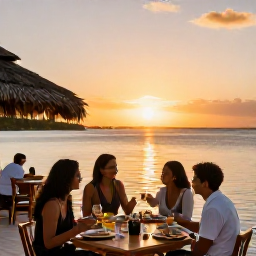 Caribbean Holidays, February Island Hopping, Travellers enjoying a sunset meal at a relaxed Caribbean waterfront restaurant