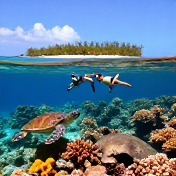 Caribbean Holidays, February Island Hopping, Travellers snorkelling above a colourful coral reef in the Tobago Cays, with a sea turtle and sandy island visible nearby