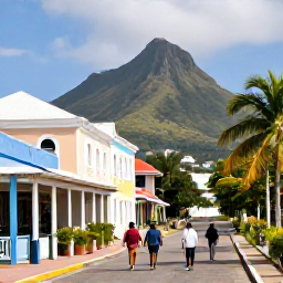 Caribbean Holidays, February Island Hopping, Travellers walking through a historic Caribbean town in Saint Kitts, with pastel buildings, palm trees and a volcanic mountain in the background