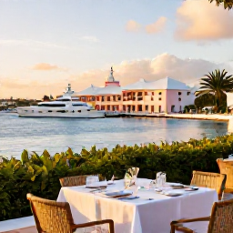 Caribbean Holidays, February Luxury, Bermuda harbour at golden hour with a luxury yacht, pastel buildings and elegant waterfront dining