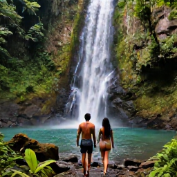 Caribbean Holidays, February Luxury, Couple walking through Dominica rainforest towards a clear waterfall, guided luxury excursion