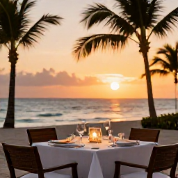 Caribbean Holidays, February Luxury, Elegant beachfront dinner in the Dominican Republic at sunset, beautifully set table, palm trees and calm sea