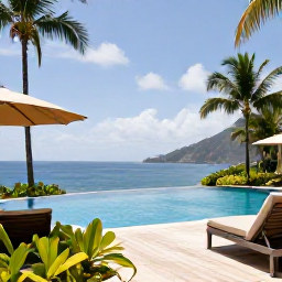 Caribbean Holidays, February Luxury, Elegant boutique hotel terrace with infinity pool, tropical gardens and sea views in Dominica