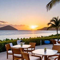 Caribbean Holidays, February Luxury, Elegant luxury hotel terrace overlooking a Caribbean bay at sunset in the US Virgin Islands