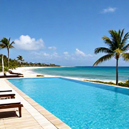 Caribbean Holidays, February Luxury, Elegant Saint Kitts resort pool overlooking a tropical beach, palm trees and clear blue water