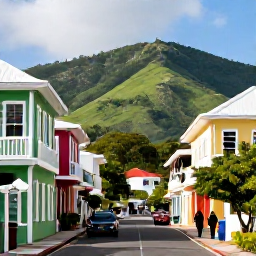 Caribbean Holidays, February Luxury, Historic Basseterre street on Saint Kitts with colourful Caribbean buildings, pedestrians and green hills beyond