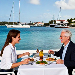 Caribbean Holidays, February Luxury Holidays, A couple enjoying a stylish seafood lunch at a waterfront restaurant in Grand Case, Saint Martin, with boats and blue Caribbean water in the background