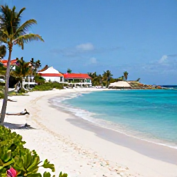 Caribbean Holidays, February Luxury Holidays, A luxurious beachfront resort on Saint Martin or Sint Maarten in February, with turquoise sea, white sand, palm trees and bright morning sunshine