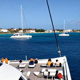 Caribbean Holidays, February Luxury Holidays, A luxury catamaran cruising past the coastline of Saint Martin and nearby Caribbean islands on a clear February day, with guests relaxing on deck