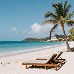 Caribbean Holidays, February Luxury Holidays, A quiet white-sand beach on Sint Maarten in February, with comfortable sun loungers, turquoise water, palm trees and a peaceful luxury holiday atmosphere