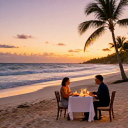 Caribbean Holidays, February Luxury Holidays, Couple enjoying a private candlelit dinner on a Dominican Republic beach at sunset, gentle waves, palm trees and elegant table setting