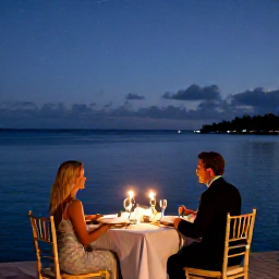 Caribbean Holidays, February Luxury Holidays, Couple enjoying a private Caribbean dinner beside the sea in February, elegant table setting, candles, calm water and a starry sky