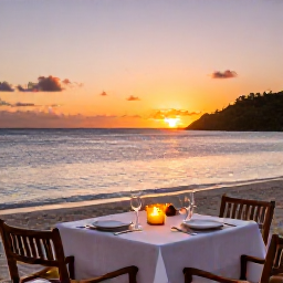 Caribbean Holidays, February Luxury Holidays, Elegant beachfront dinner in the Grenadines at sunset, candlelit table, fresh Caribbean cuisine, calm sea and luxury holiday atmosphere