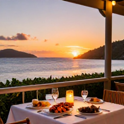 Caribbean Holidays, February Luxury Holidays, Elegant beachfront restaurant in the British Virgin Islands at sunset, fresh seafood dinner, candlelit table and relaxed island scenery